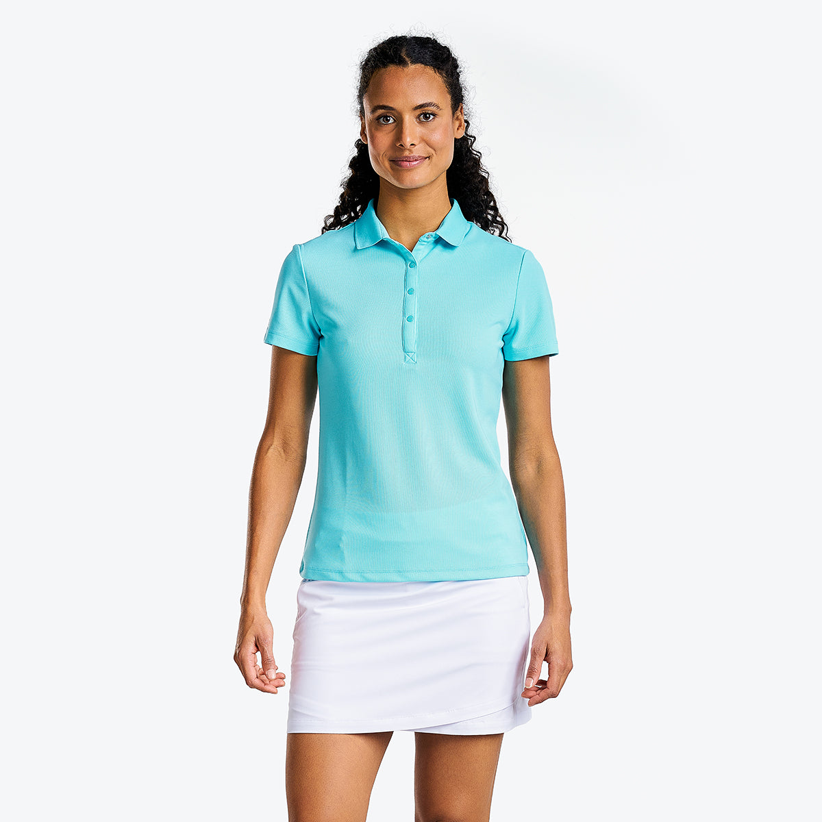 Brenna Mock Neck Polo Shirt in Curacao Blue