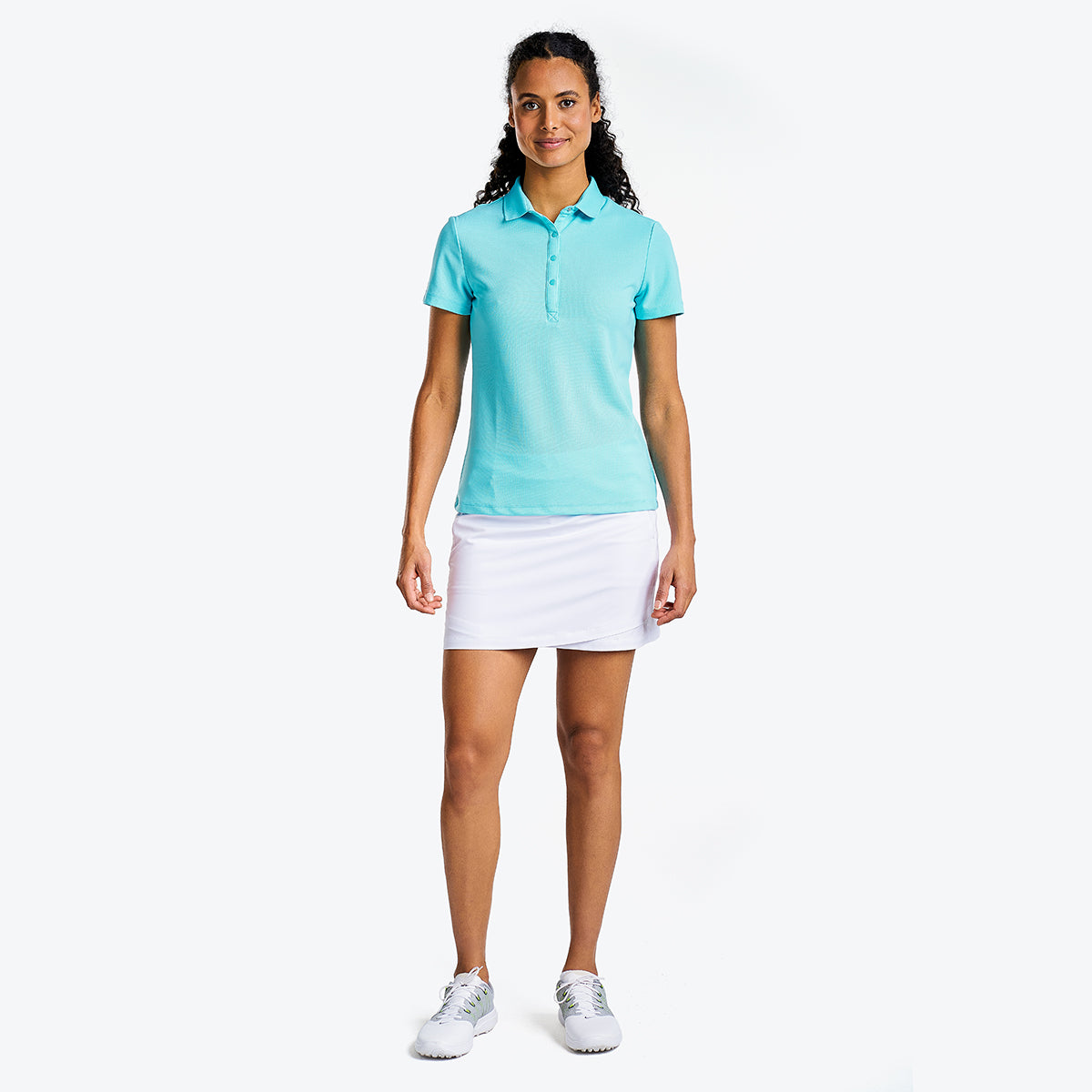 Brenna Mock Neck Polo Shirt in Curacao Blue