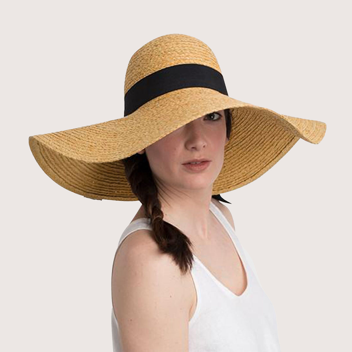 Ava Large Brim Cloche Straw Hat Natural Black