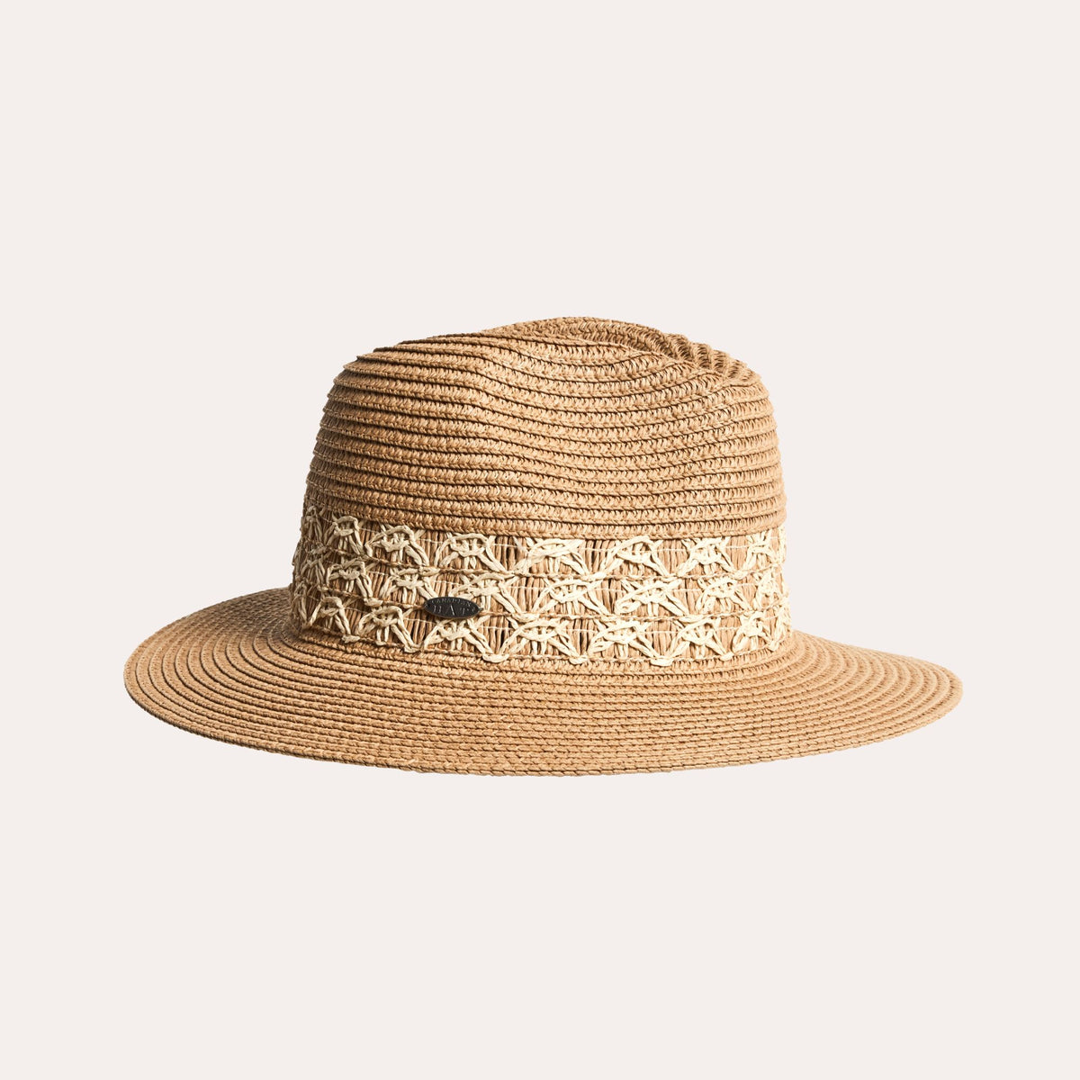  Fia - Fedora en paille de papier avec détails en dentelle - Caramel