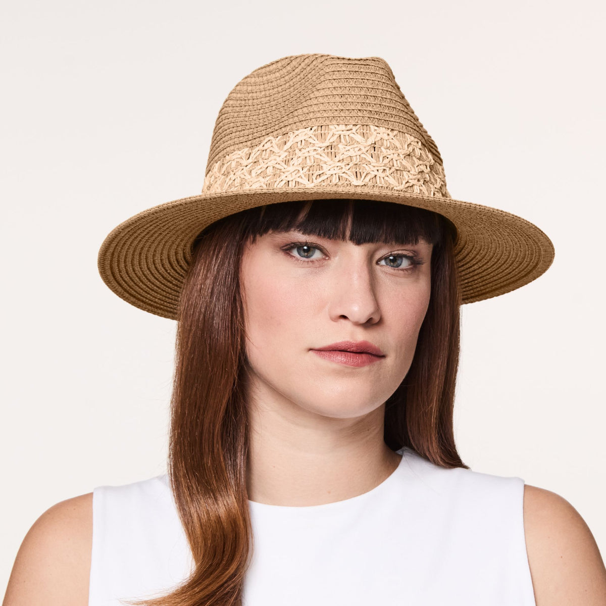  Fia - Fedora en paille de papier avec détails en dentelle - Caramel
