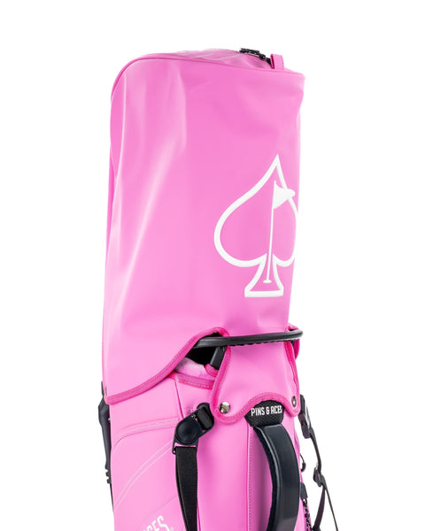 Bold pink Player Preferred Golf Bag featuring a large white spade logo, designed for stylish golfers seeking standout gear.