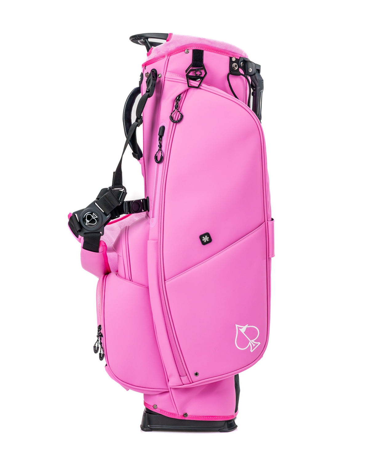 Bold pink Player Preferred Golf Bag featuring multiple pockets and a sleek design for stylish golfers.