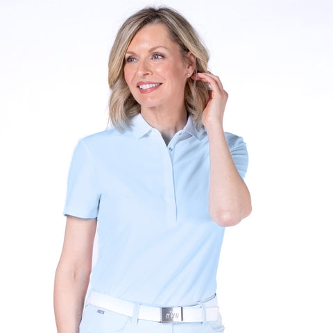 Brenna Mock Neck Polo Shirt in Ice Blue